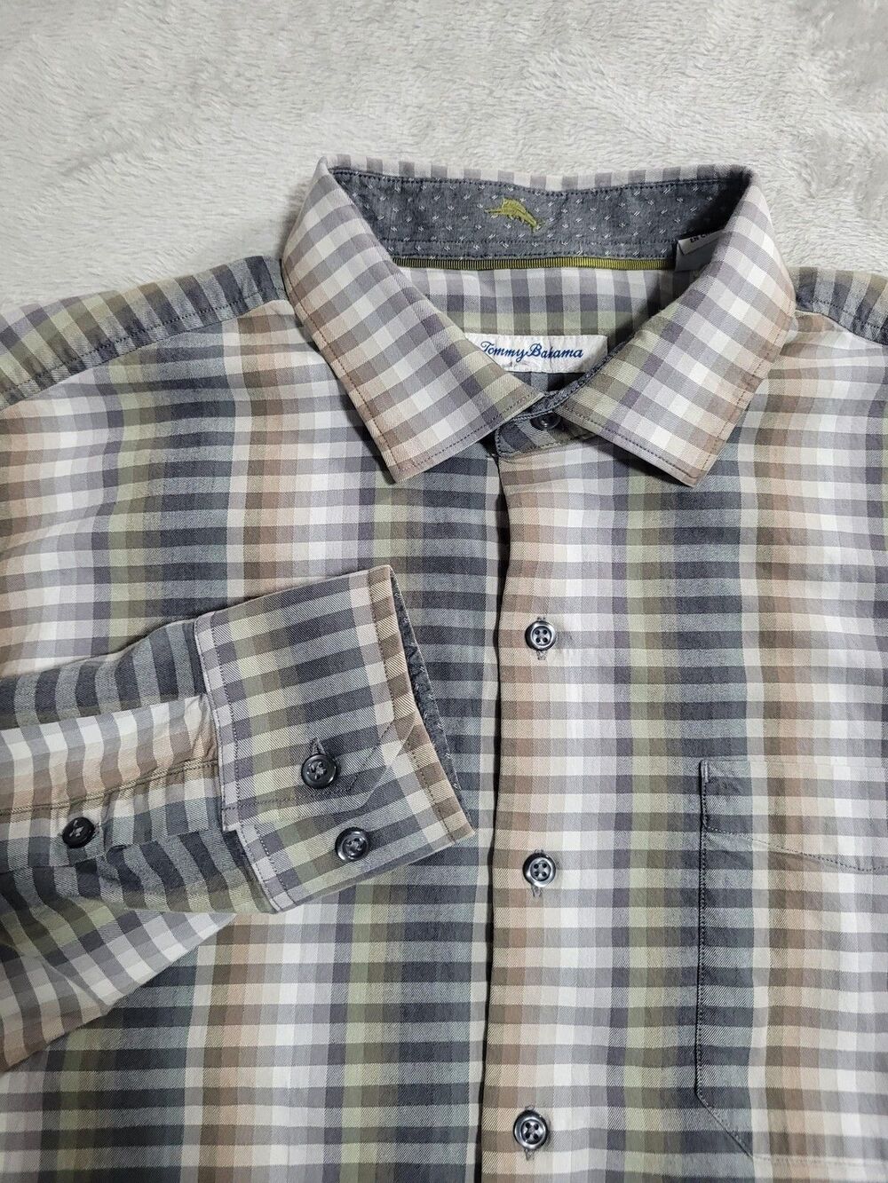 Tommy Bahama Shirt Mens Large Gray Plaid Long Sleeve Button Up Casual Woven
